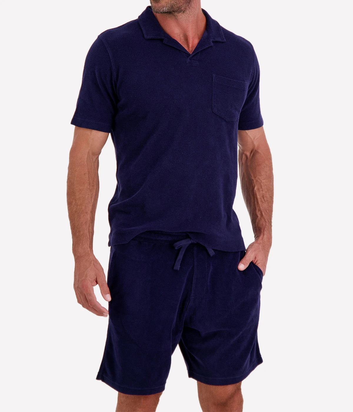 Men Knitted Bouclette Polo in Marine Blue