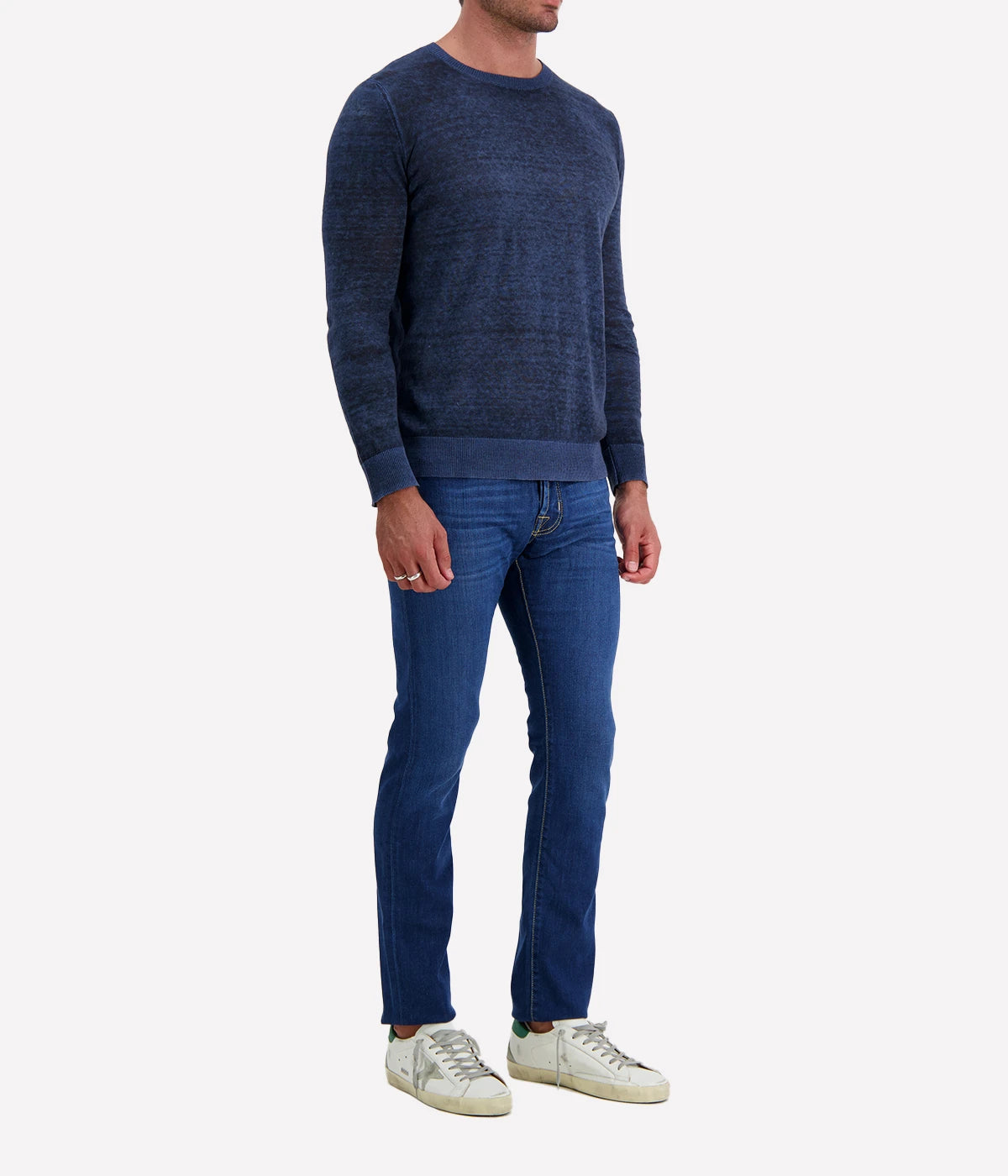Hand Painted Round Neck Pullover in Blue Navy