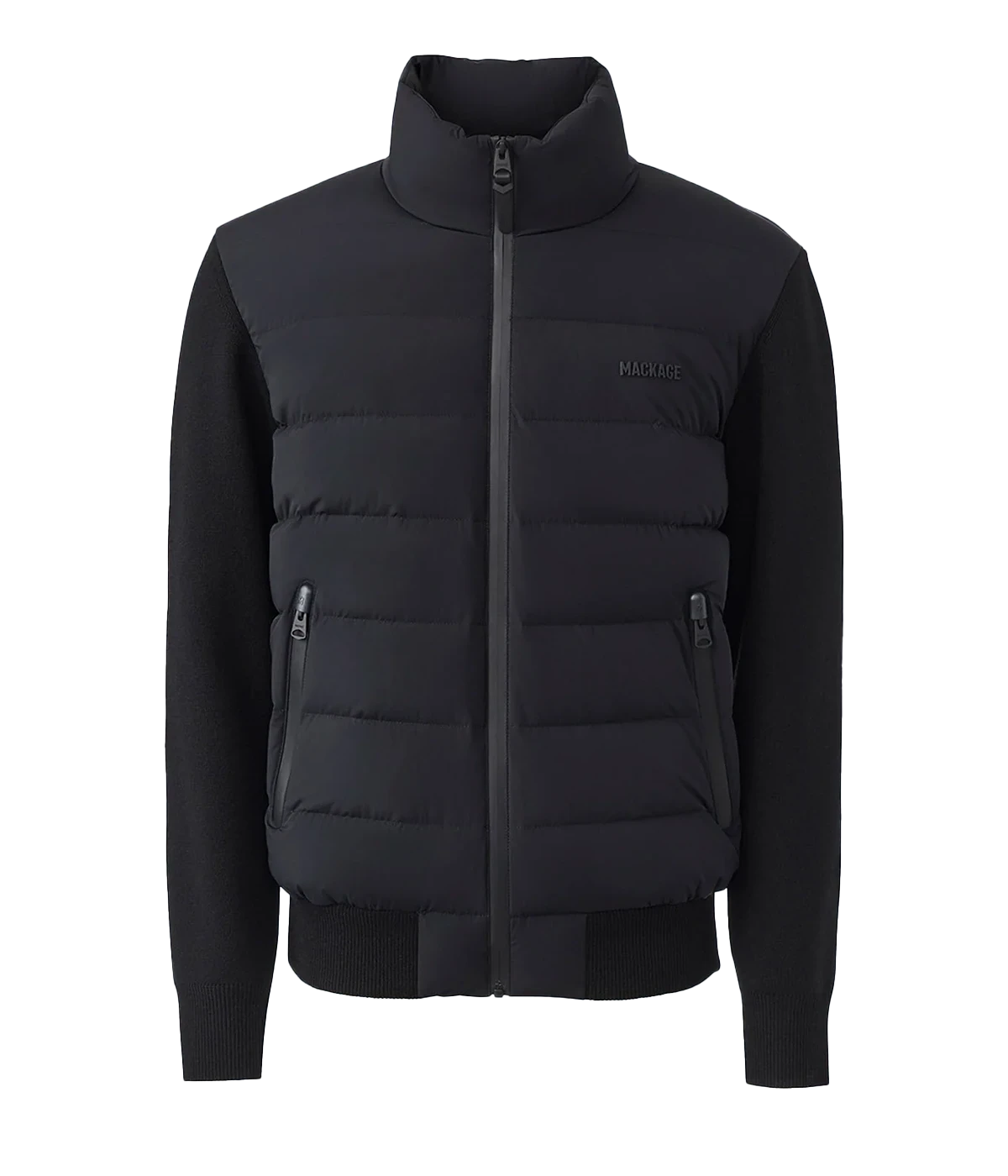 Hybrid down vest with stretch-knit body, ribbed trims, zip pockets, and subtle logo detail.