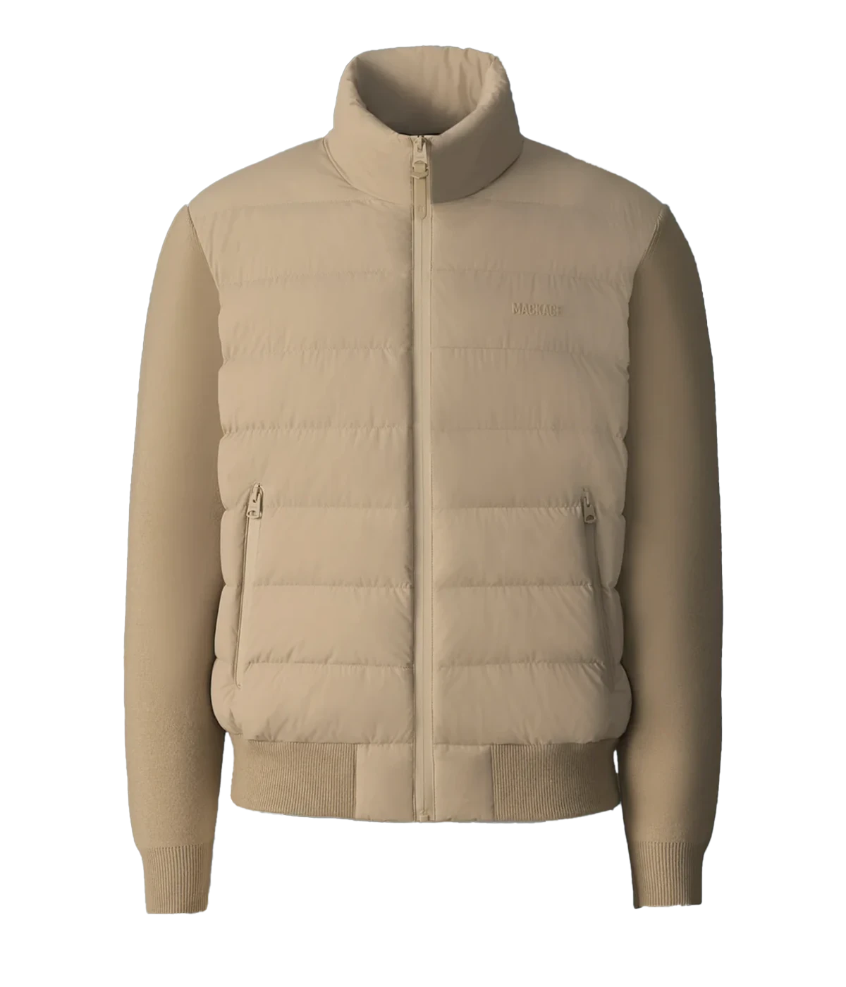 Hybrid down vest with stretch-knit body, ribbed trims, zip pockets, and subtle logo detail.