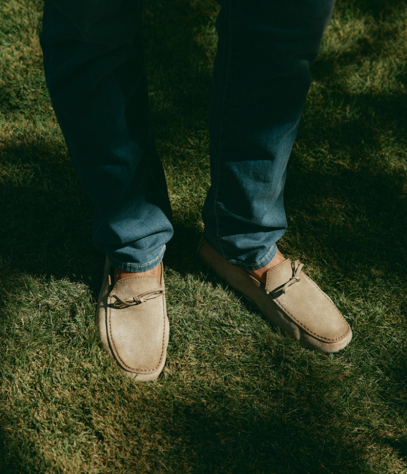 Beige Havana Loafers for men with signature moc stitching, bow detailing, and contrasting heel counter, crafted in calf leather.