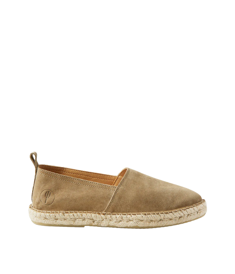 Frescobol Carioca Helio suede espadrilles with tonal embossed logo and straw-wrapped rubber sole, perfect for casual summer wear.