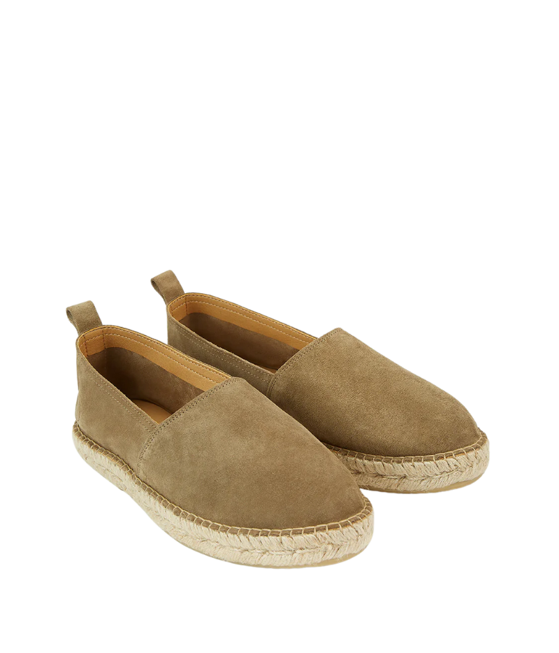 Frescobol Carioca Helio suede espadrilles with tonal embossed logo and straw-wrapped rubber sole, perfect for casual summer wear.