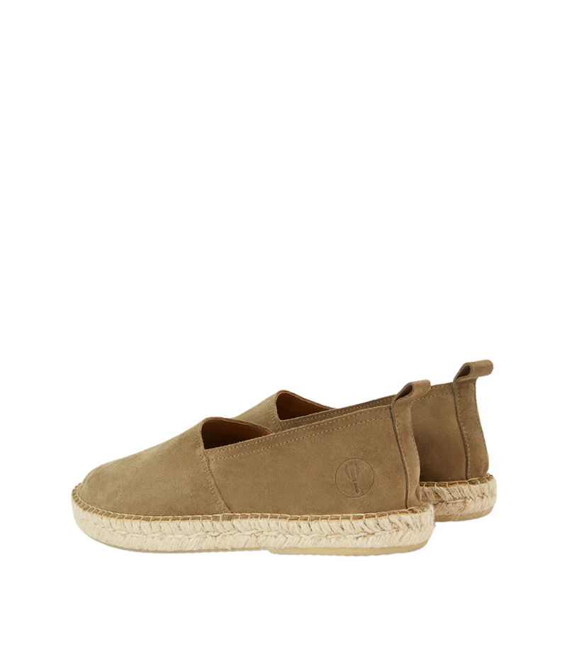Frescobol Carioca Helio suede espadrilles with tonal embossed logo and straw-wrapped rubber sole, perfect for casual summer wear.