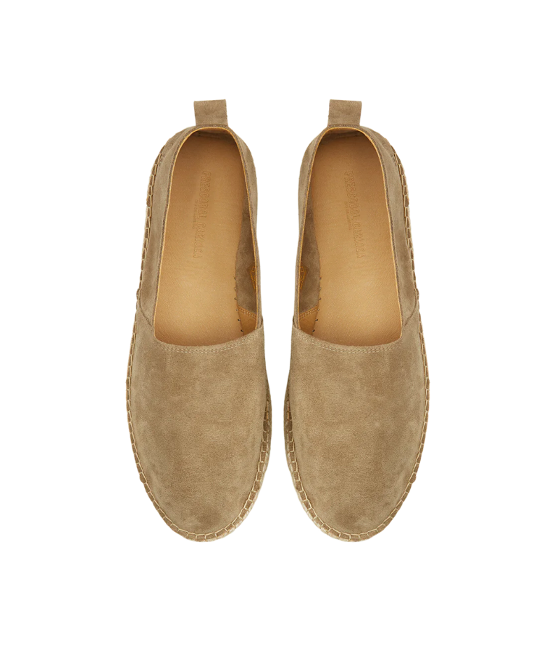 Frescobol Carioca Helio suede espadrilles with tonal embossed logo and straw-wrapped rubber sole, perfect for casual summer wear.