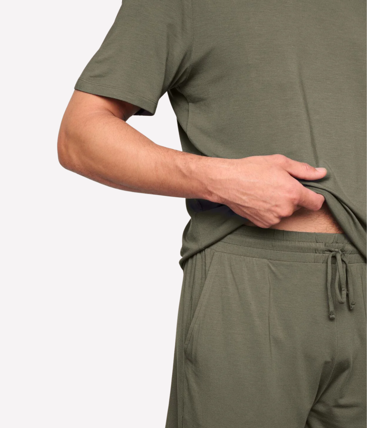 Smokey Olive men’s sleepwear set in TENCEL™ Modal with short sleeve top and elastic waistband shorts, soft, breathable, and OEKO-TEX® certified.