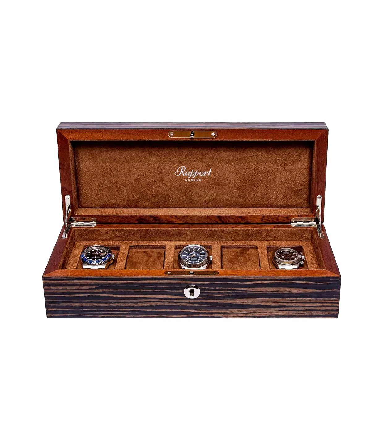 Rapport London Heritage Five watch box with a Macassar finish, gold-plated hinges, lock and key, adjustable suede-lined cushions, and a glossy high finish. Designed to hold five watches.