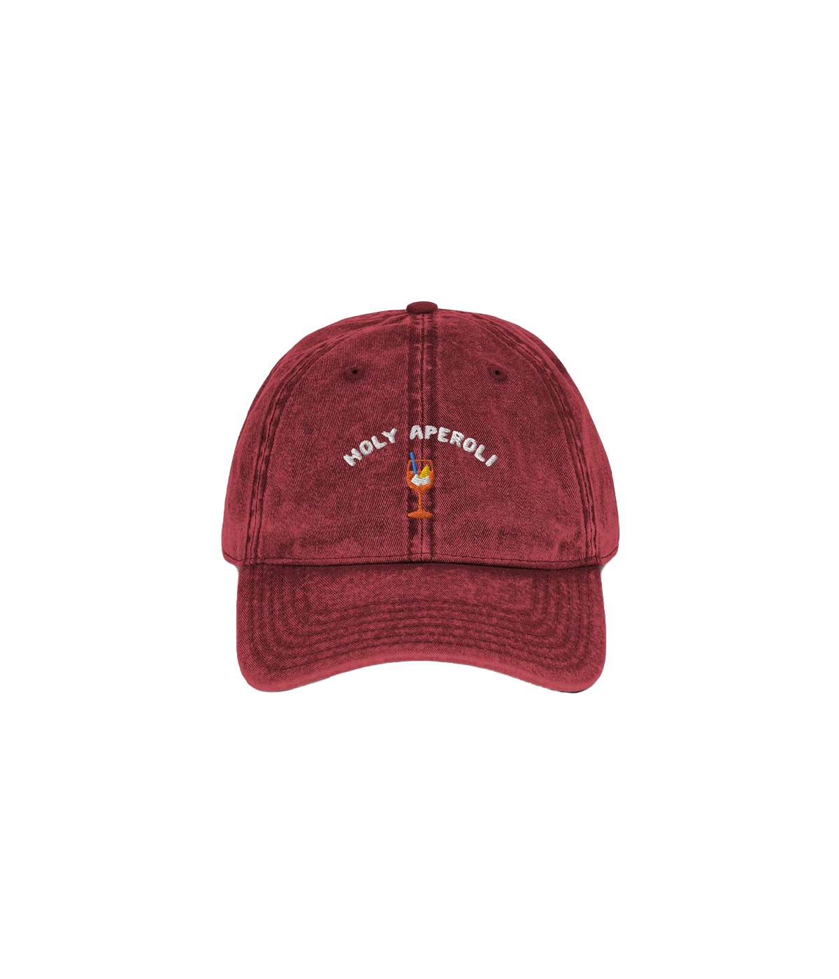 "Holy Aperoli" baseball hat with embroidered spritz design in vintage maroon, adjustable strap, and classic baseball hat shape.