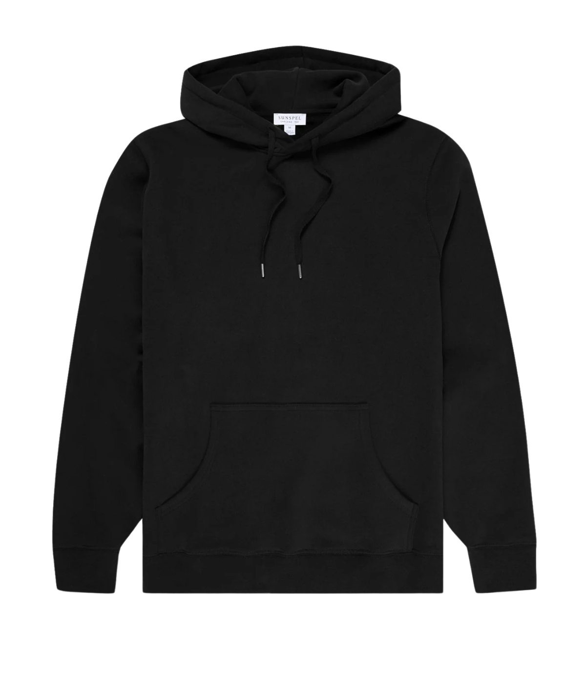 Men’s black loopback hoodie with double-layered hood, ribbed trims, and patch pocket—crafted from breathable cotton for year-round comfort.