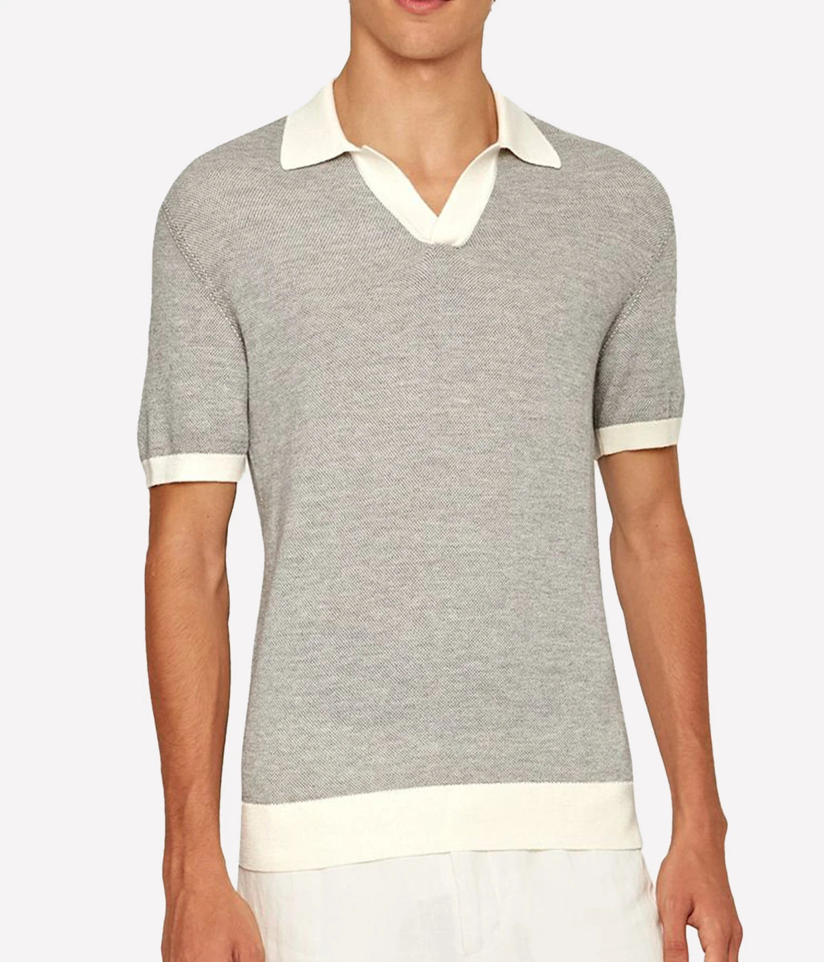 Horton Merino Knit Polo in White Sand & Grey Marl