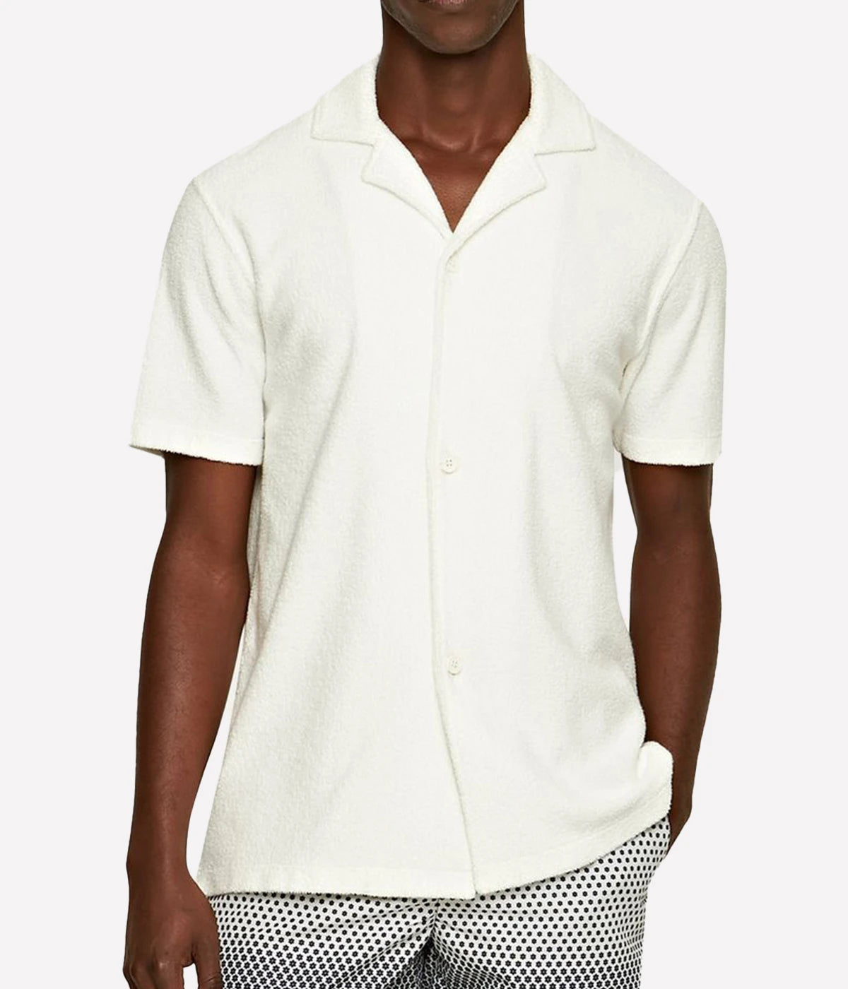 White Howell Towelling Shirt – men’s short-sleeved button-through shirt with Capri collar in soft organic cotton towelling