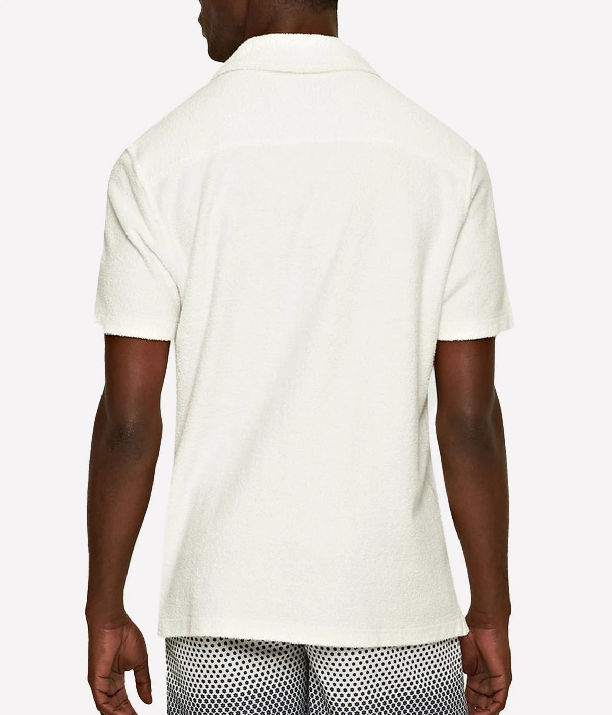 White Howell Towelling Shirt – men’s short-sleeved button-through shirt with Capri collar in soft organic cotton towelling