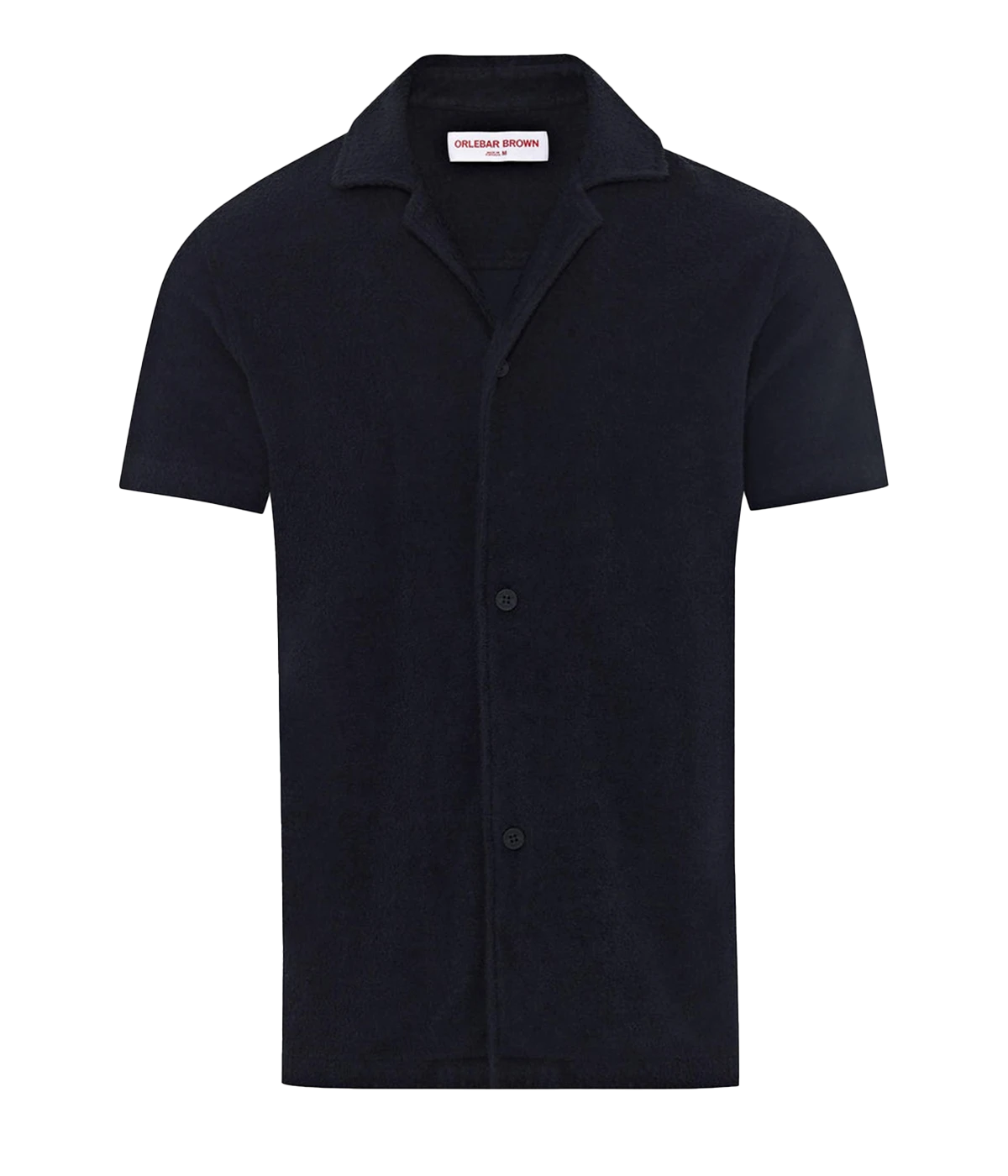 Night Iris Howell shirt from Orlebar Brown, crafted from double-faced towelling pique. Features a relaxed fit, Capri collar, 3-button opening, and branded nylon buttons. A versatile and stylish shirt perfect for summer and travel.