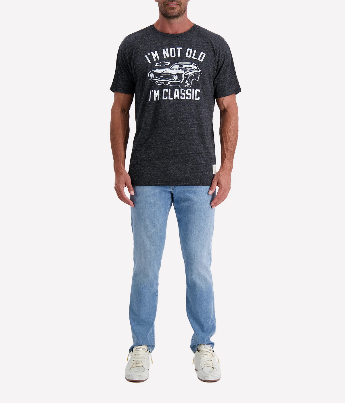 Men’s black graphic T-shirt with a vintage Camaro print and "I'm Not Old, I'm Classic" text, featuring a relaxed fit and soft fabric.
