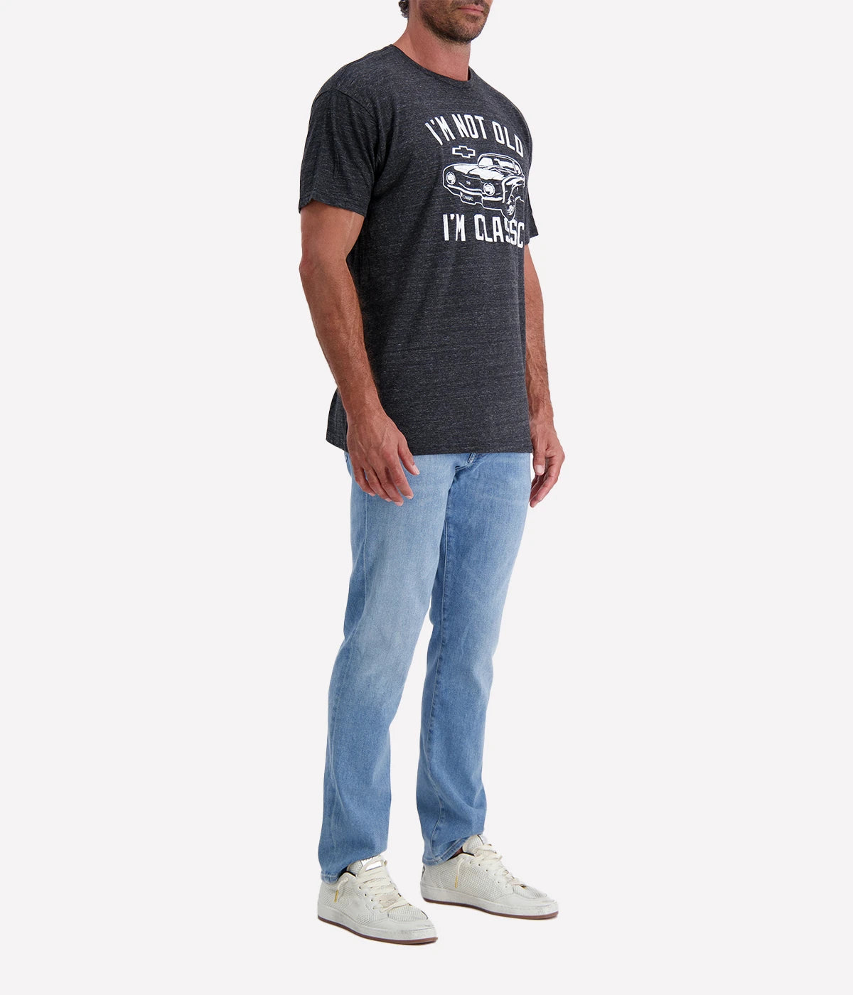 Men’s black graphic T-shirt with a vintage Camaro print and "I'm Not Old, I'm Classic" text, featuring a relaxed fit and soft fabric.