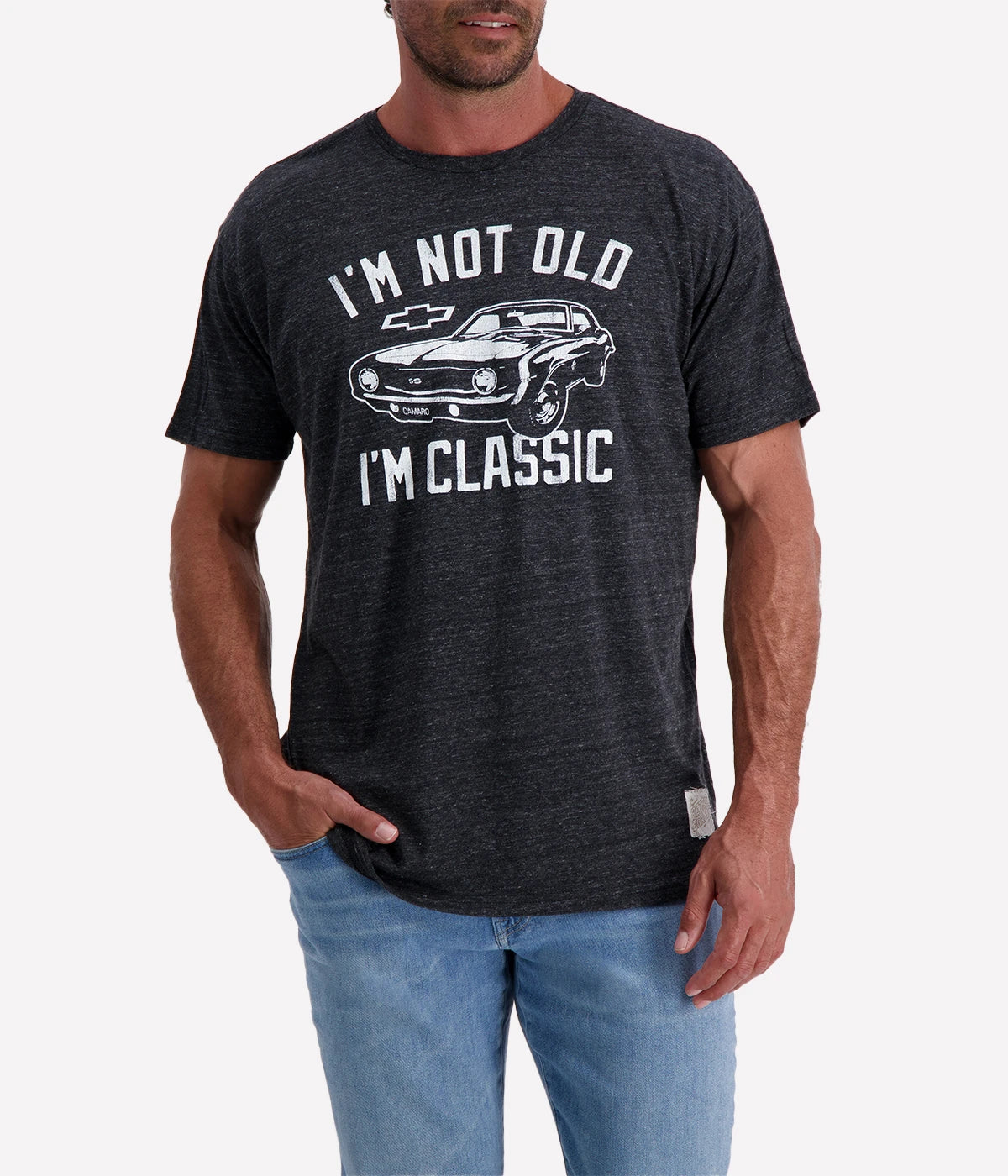 Men’s black graphic T-shirt with a vintage Camaro print and "I'm Not Old, I'm Classic" text, featuring a relaxed fit and soft fabric.