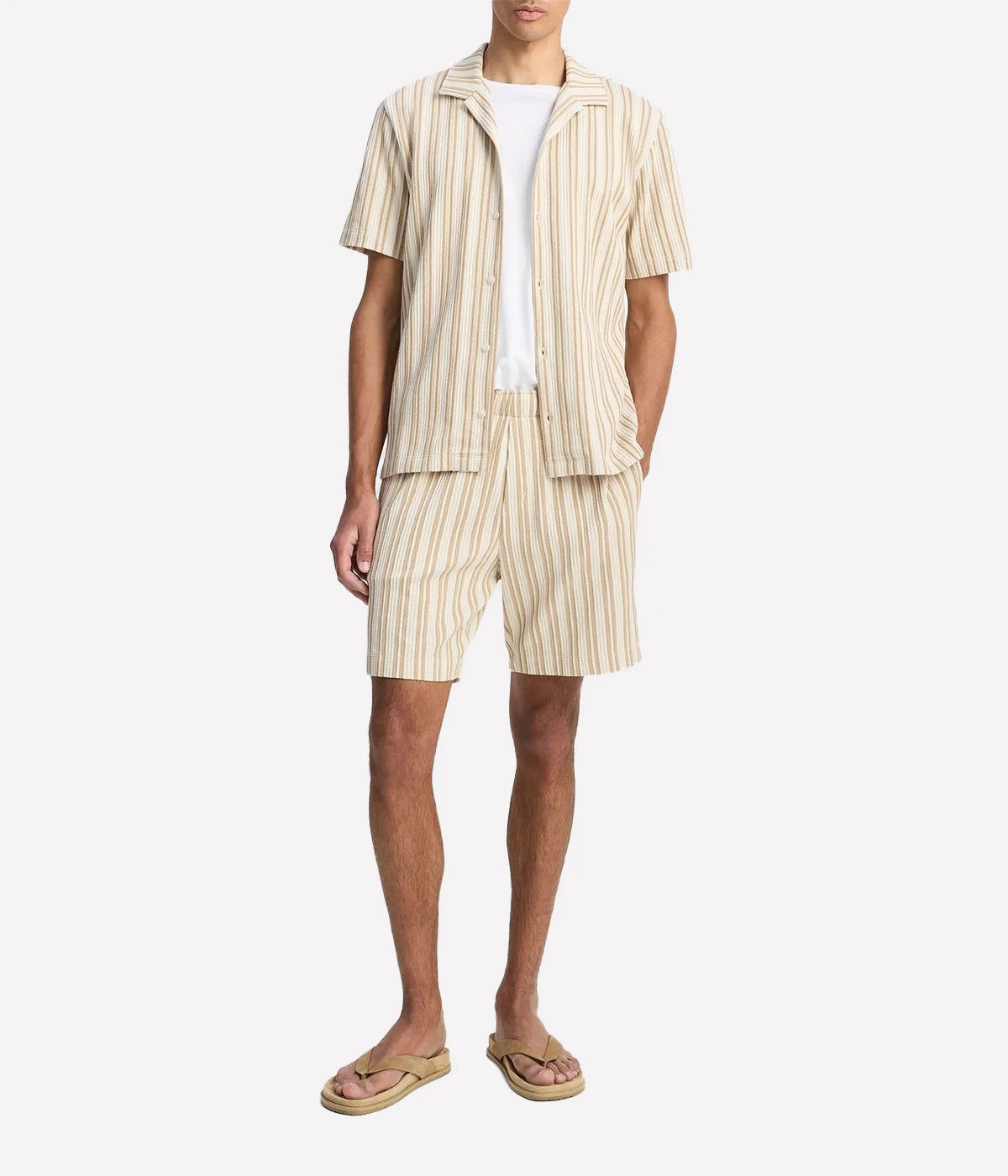 Vince jacquard-stripe cotton-blend pull-on shorts in a soft beige tone with elastic waistband, side pockets, and relaxed fit.