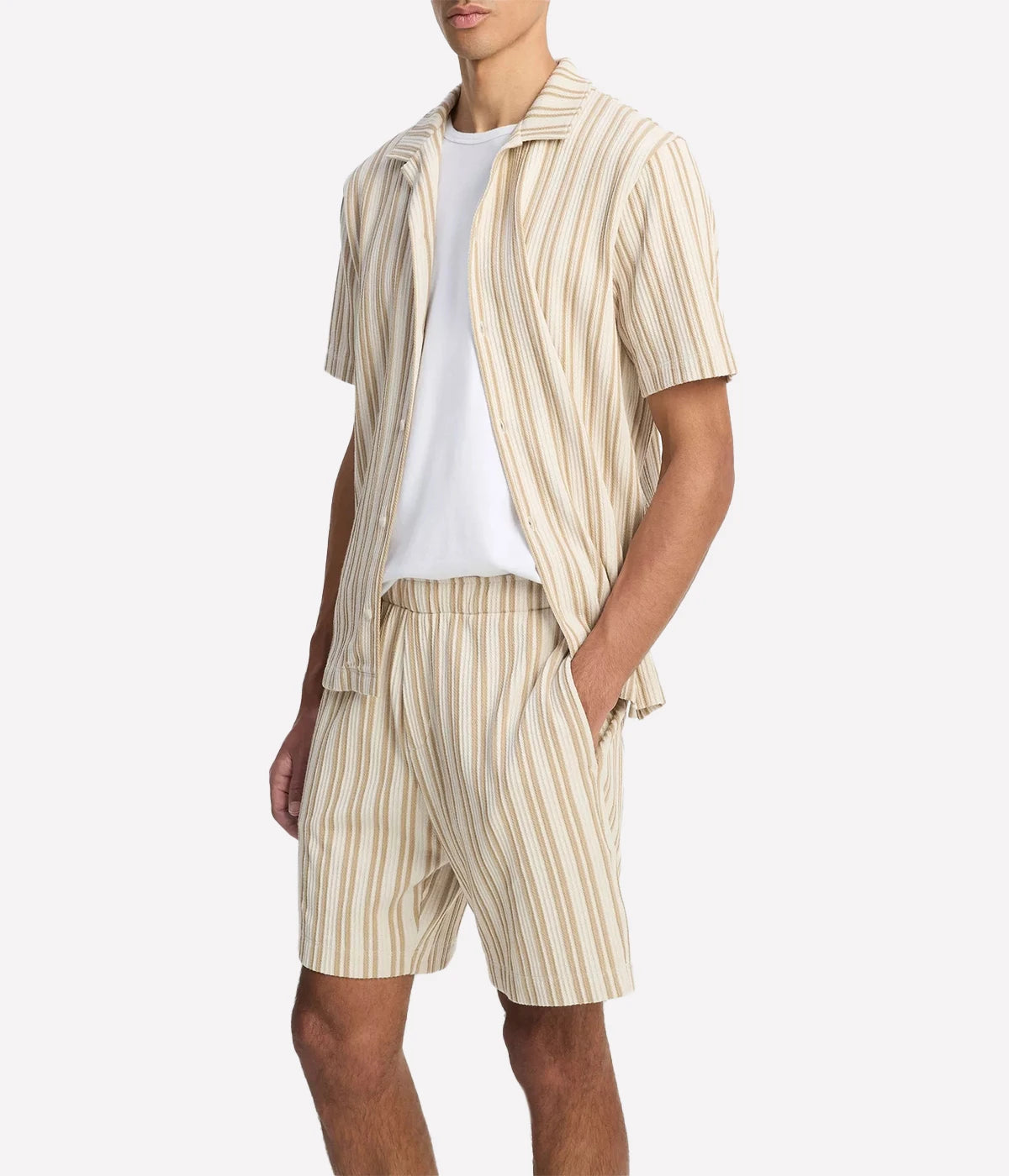 Vince jacquard-stripe cotton-blend pull-on shorts in a soft beige tone with elastic waistband, side pockets, and relaxed fit.