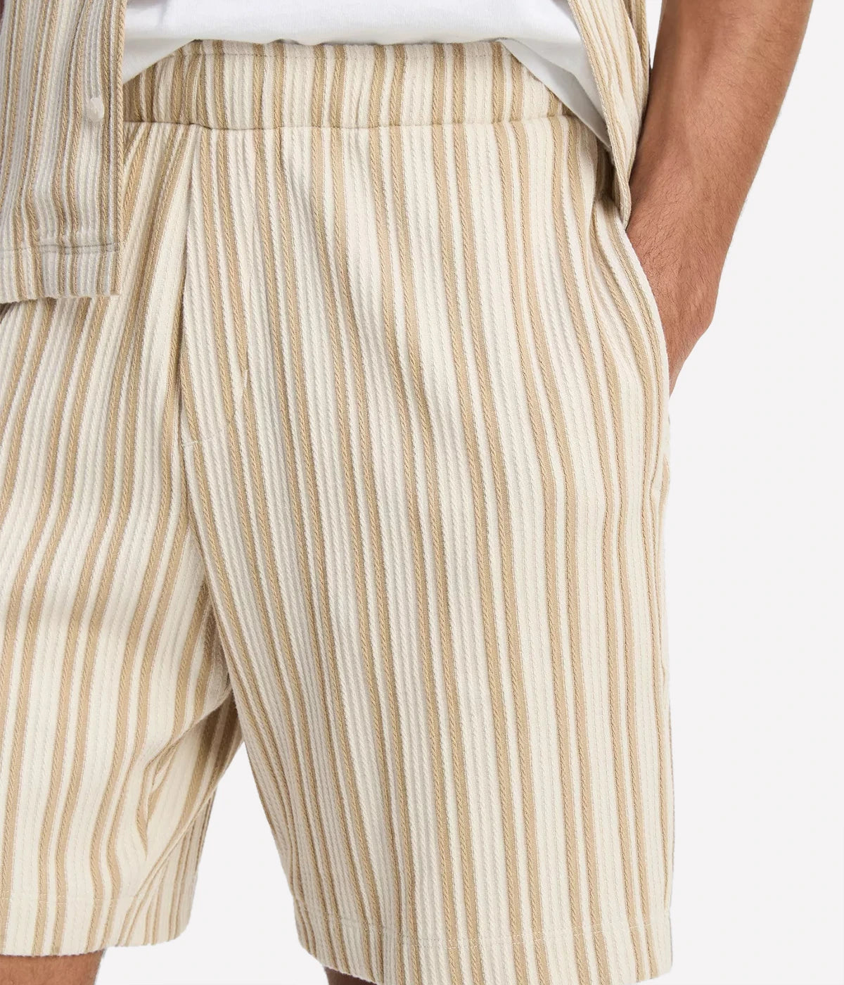 Vince jacquard-stripe cotton-blend pull-on shorts in a soft beige tone with elastic waistband, side pockets, and relaxed fit.