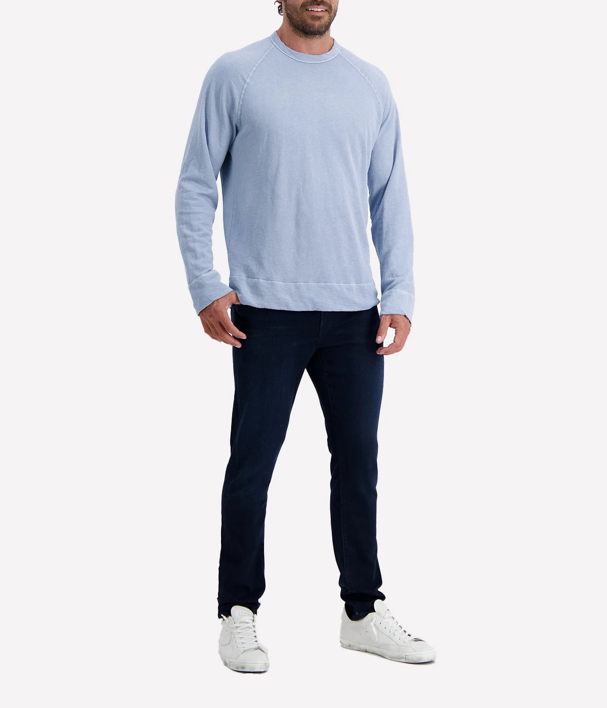 James Perse Vintage French Terry Sweatshirt in light blue, highlighting soft cotton fabric, relaxed fit, raglan sleeves, and classic crew neckline.