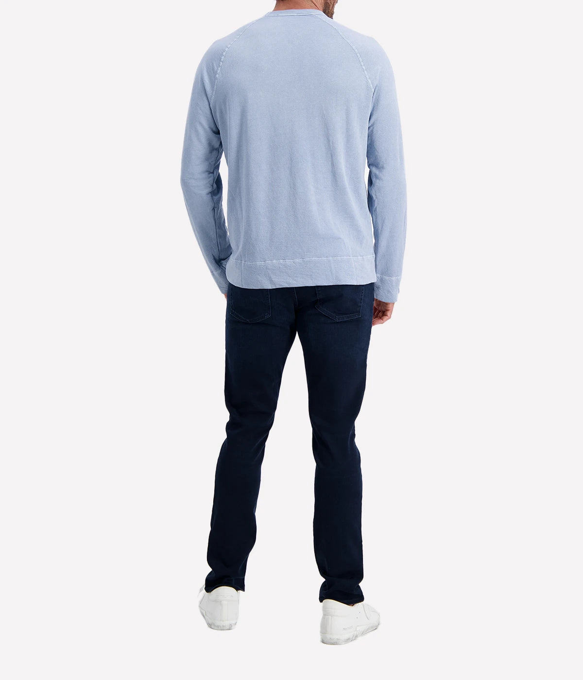James Perse Vintage French Terry Sweatshirt in light blue, highlighting soft cotton fabric, relaxed fit, raglan sleeves, and classic crew neckline.