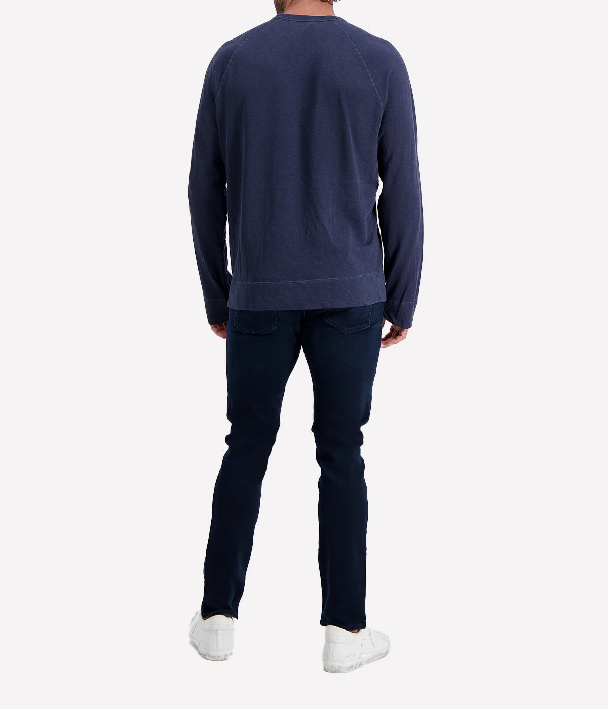 Close-up of James Perse Vintage French Terry Sweatshirt in navy blue, showing soft cotton texture, crew neckline, raglan sleeves, and relaxed fit.