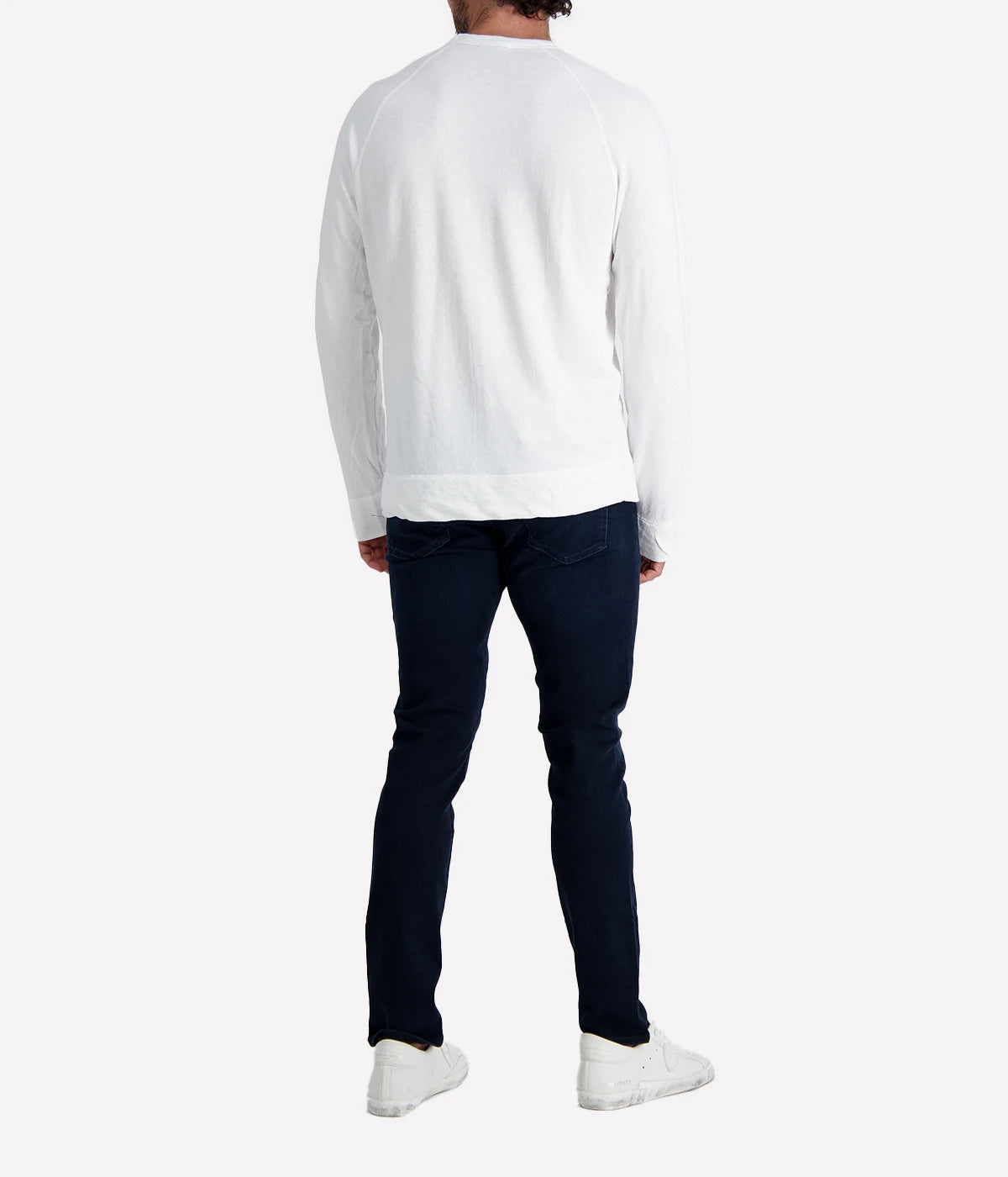 James Perse Vintage French Terry Sweatshirt in crisp white, featuring a relaxed fit, raglan sleeves, and soft cotton texture.