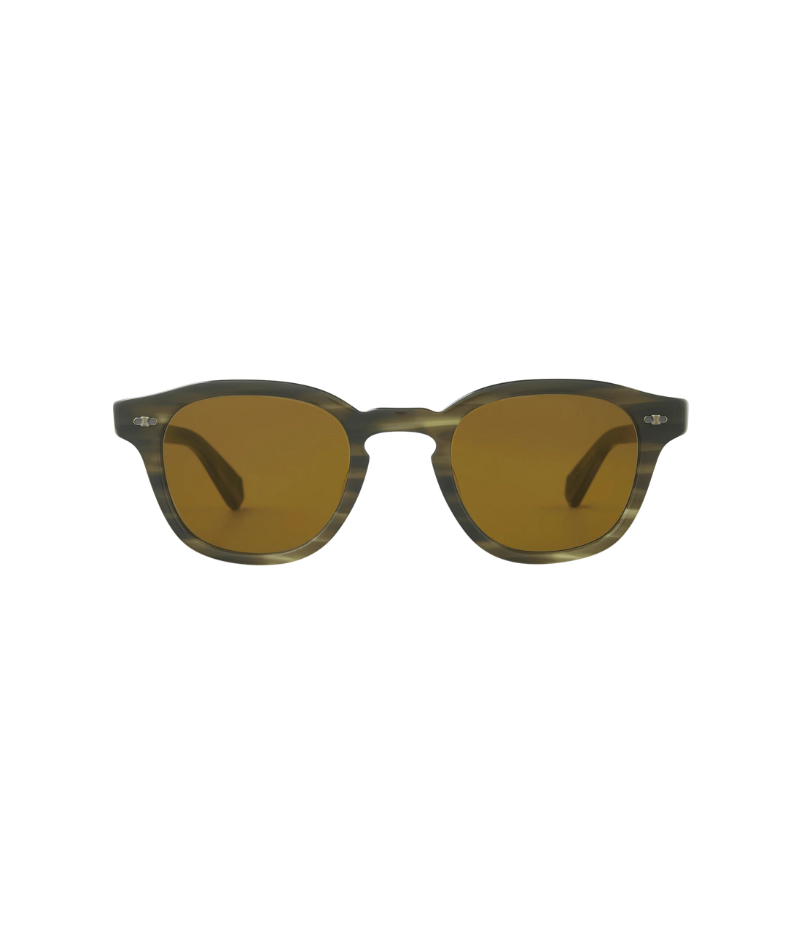 Close-up of James Sun 46 sunglasses, featuring a classic frame with subtle angles along the top-line, Geo plaque, and Select Glass lenses.