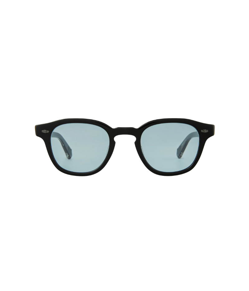 Close-up of James Sun 46 sunglasses, featuring a classic frame with subtle angles along the top-line, Geo plaque, and Select Glass lenses.