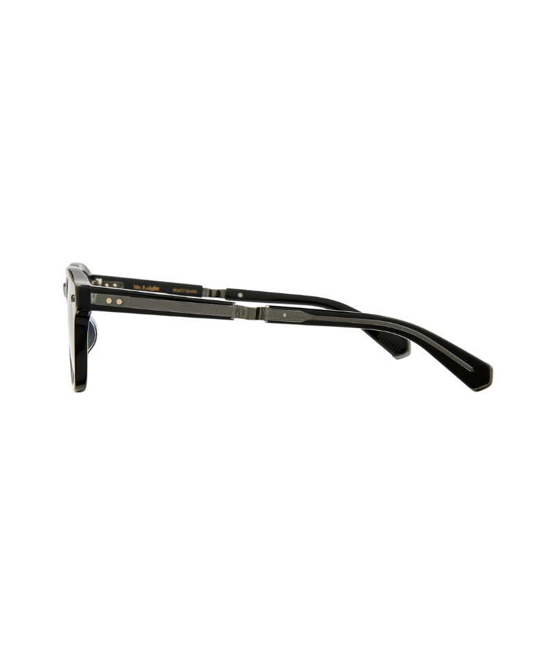 Side profile of James Sun 46 sunglasses, highlighting the custom Topography engraved metal core wire and Geo plaque on the temple.