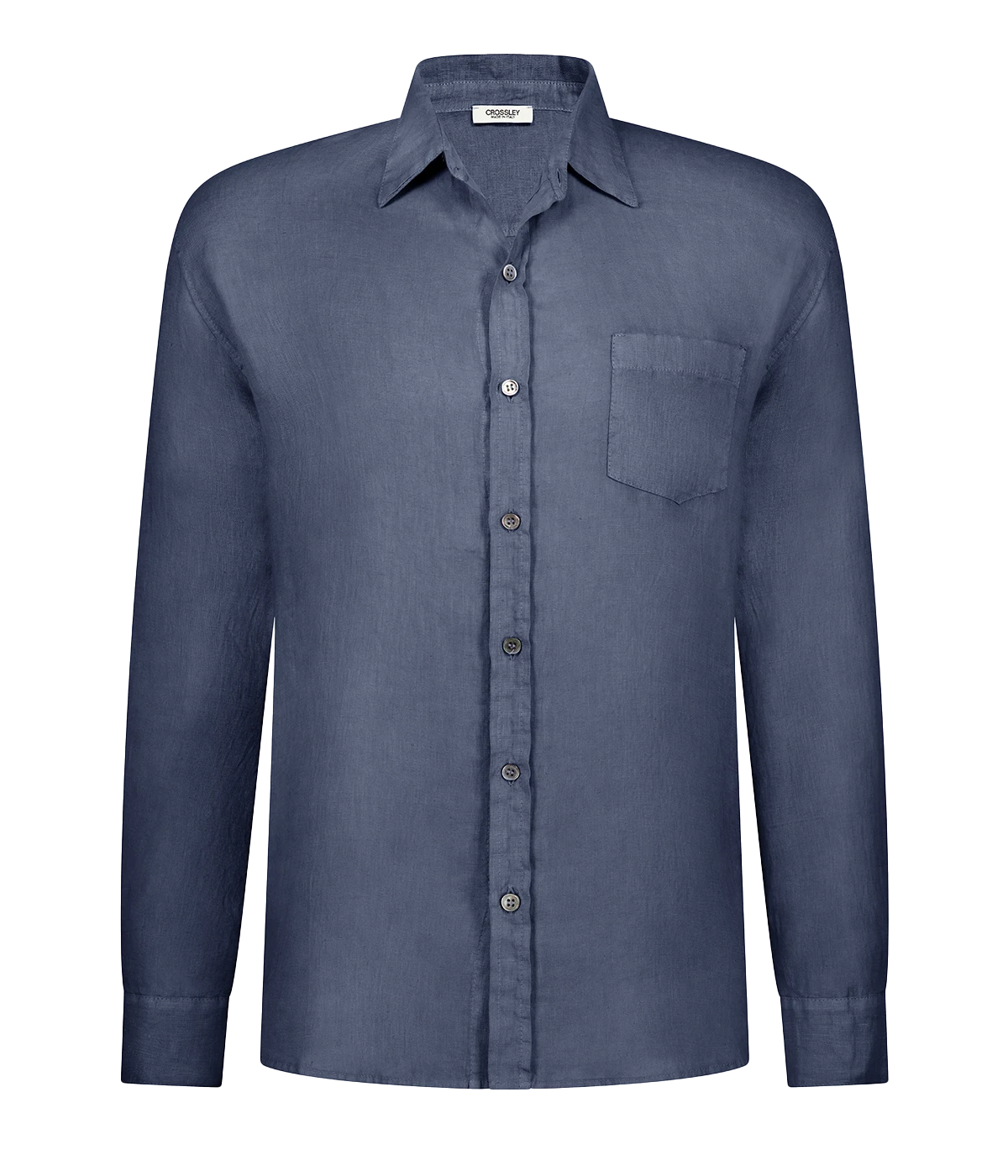 A summer staple long sleeve 100% linen shirt in a washed blue, button up & collar detailing featuring a front pocket. Made in Italy, 100% linen, throw on and go. 