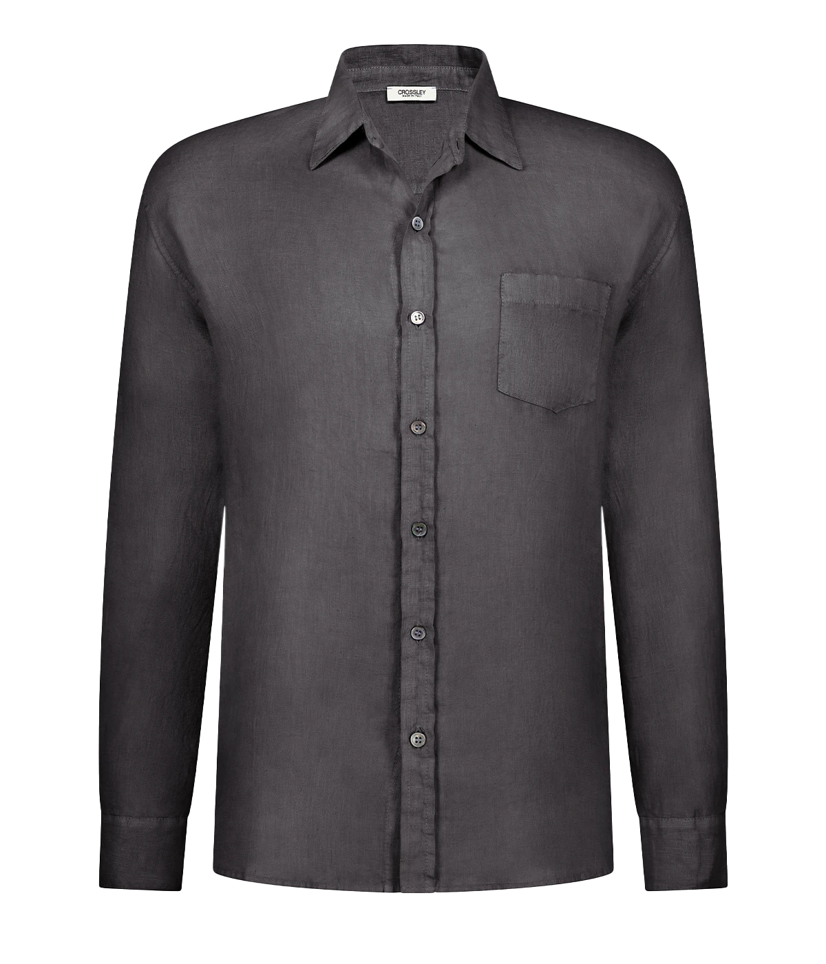 A summer staple long sleeve 100% linen shirt in a washed black, button up & collar detailing featuring a front pocket. Made in Italy, 100% linen, throw on and go. 