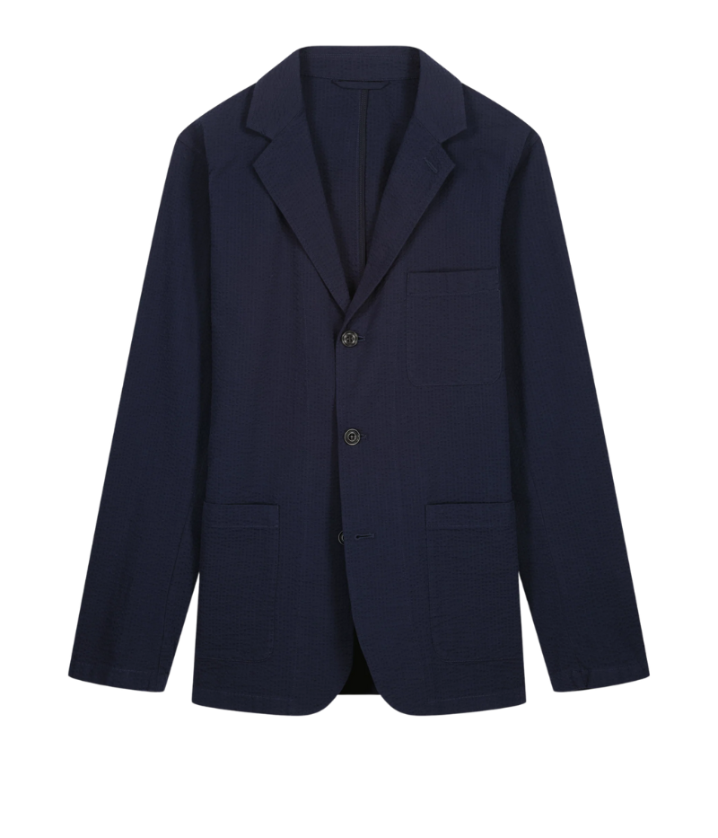 Jobby seersucker blazer – light and breathable with a three-button front closure and embossed textured fabric. Casual yet elegant for summer.