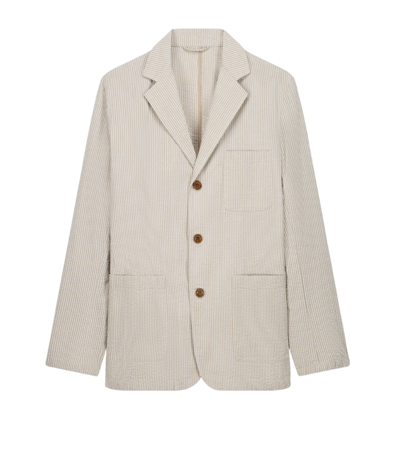 Jobby seersucker blazer – light and breathable with a three-button front closure and embossed textured fabric. Casual yet elegant for summer.