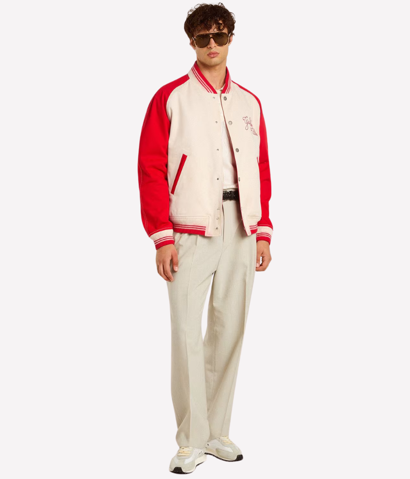Golden Goose bomber jacket in worn white and red cotton with ‘Golden Club’ chest embroidery, faded striped ribbed trims, and double star on the back.