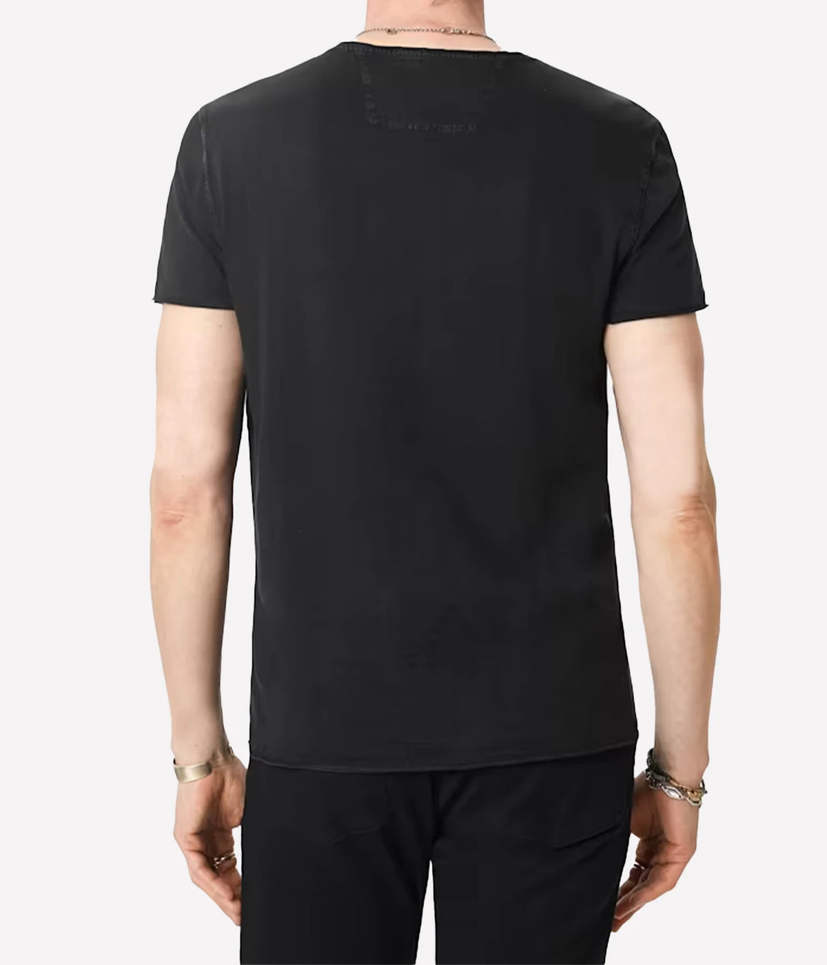 Man wearing John Varvatos Skull Embroidery Raw Edge Tee in Black, back view