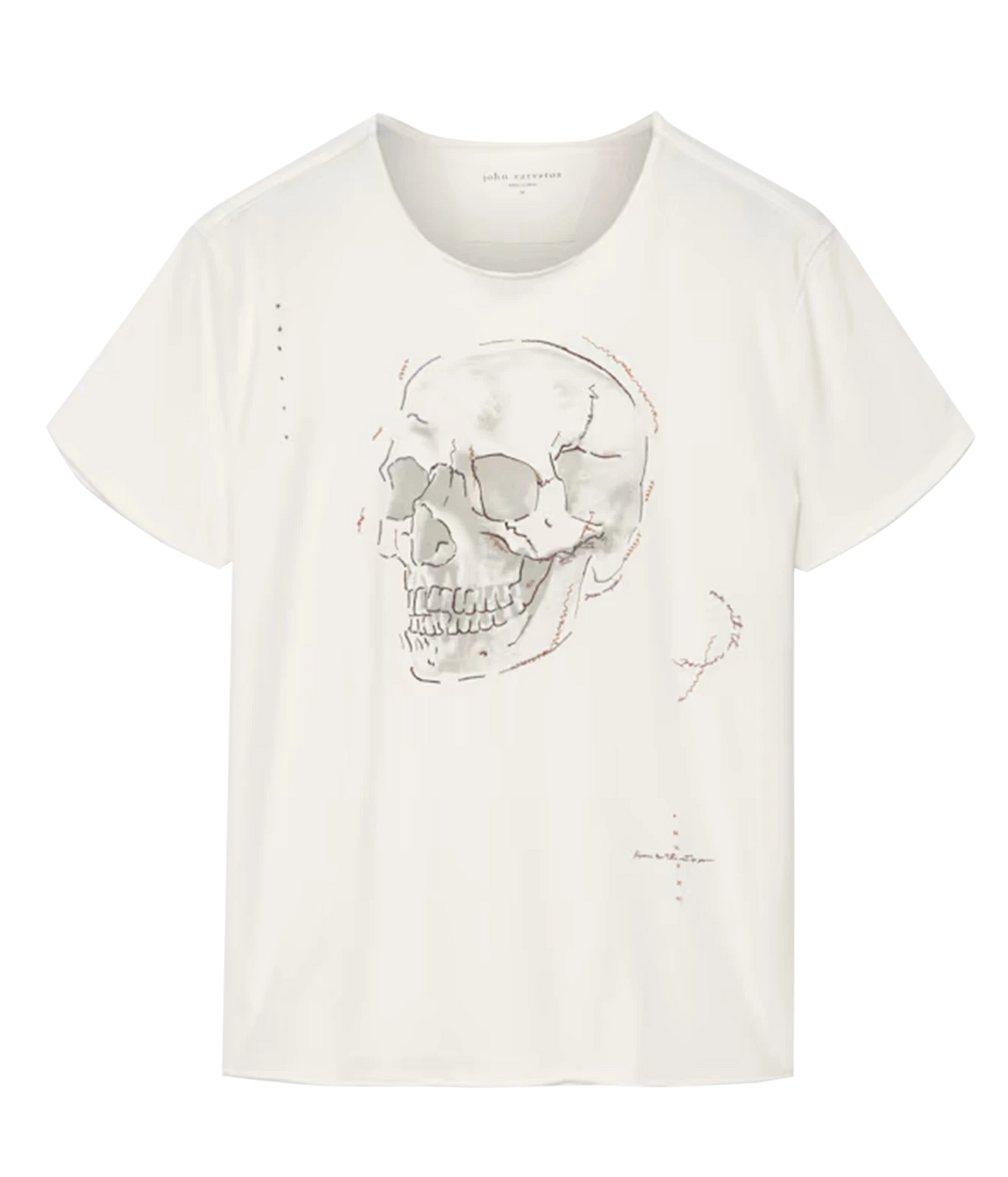 Front product view of John Varvatos Skull Embroidery Raw Edge Tee in Salt