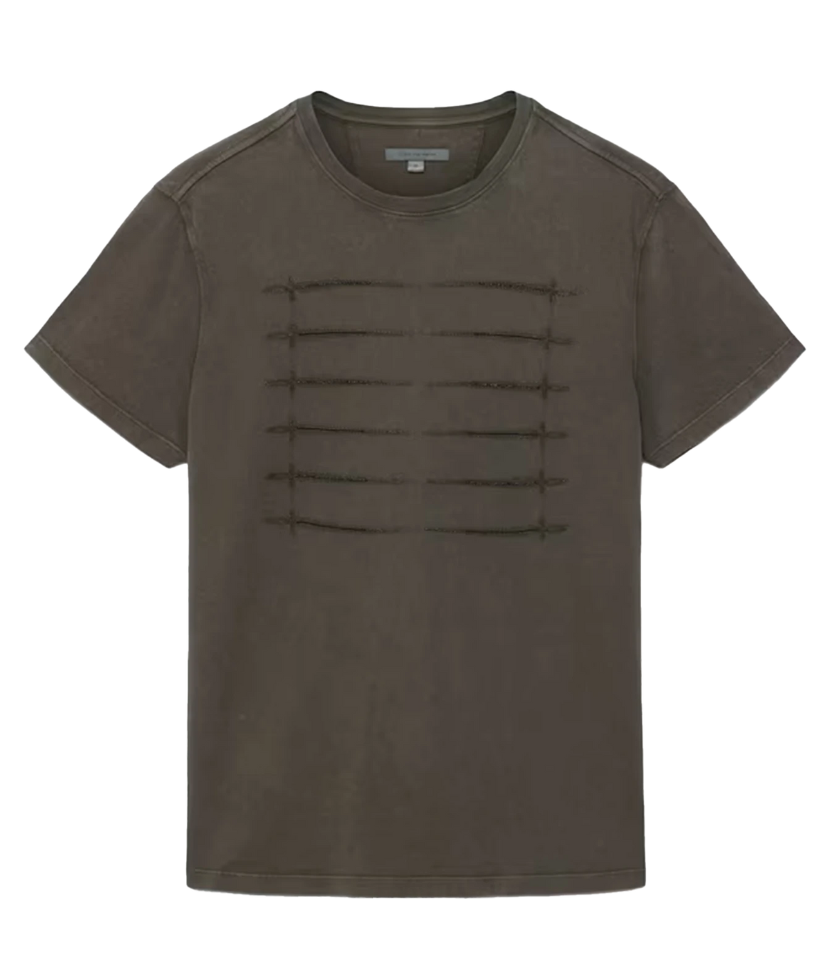 Front product view of John Varvatos Sword Piping Embroidered Tee in Teakwood