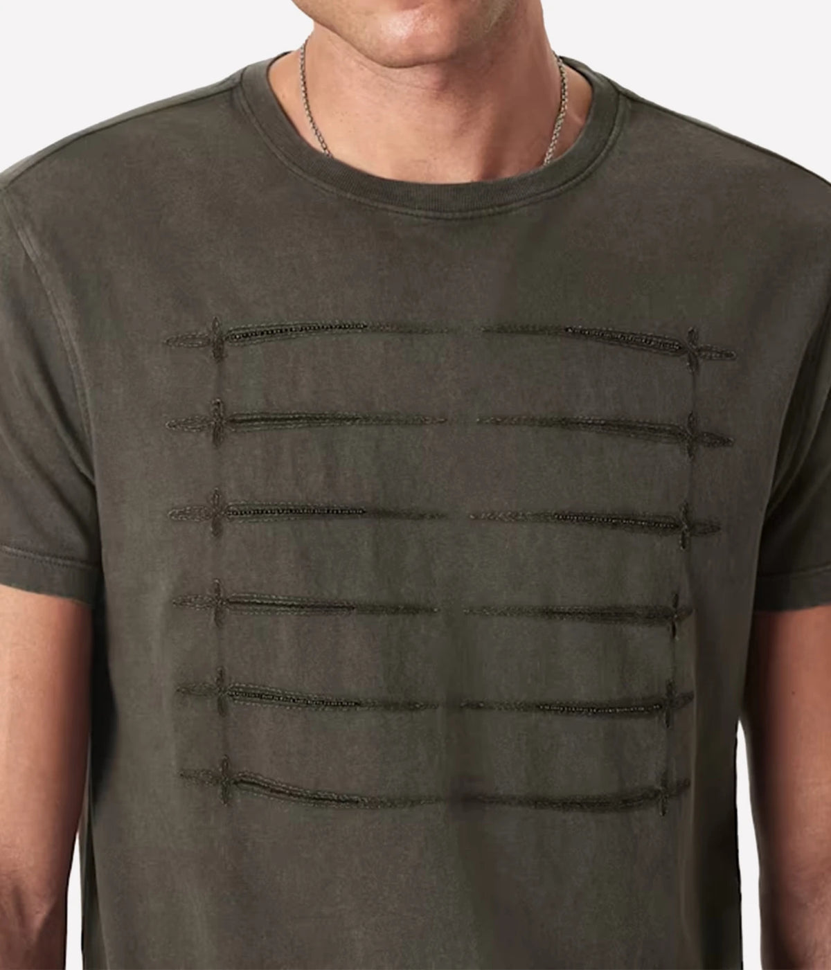 Close-up of John Varvatos Sword Piping Embroidered Tee in Teakwood on model showing the dagger artwork