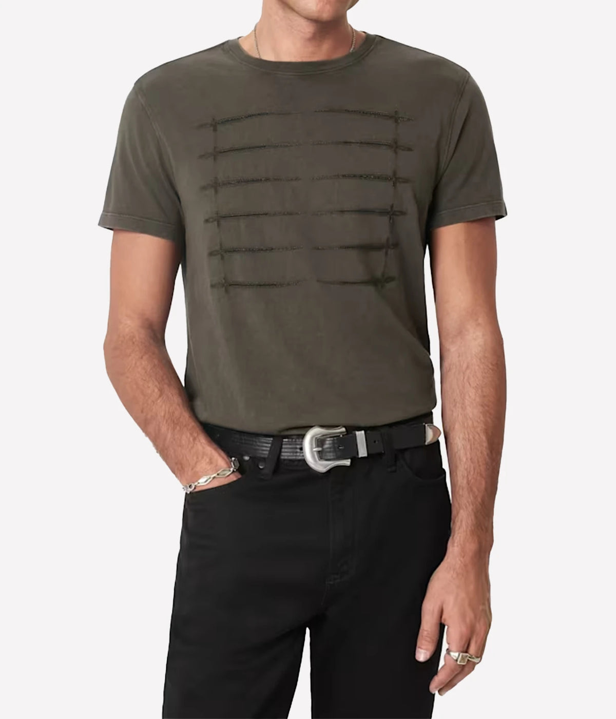 Man wearing John Varvatos Sword Piping Embroidered Tee in Teakwood with black trousers and a black belt, front view