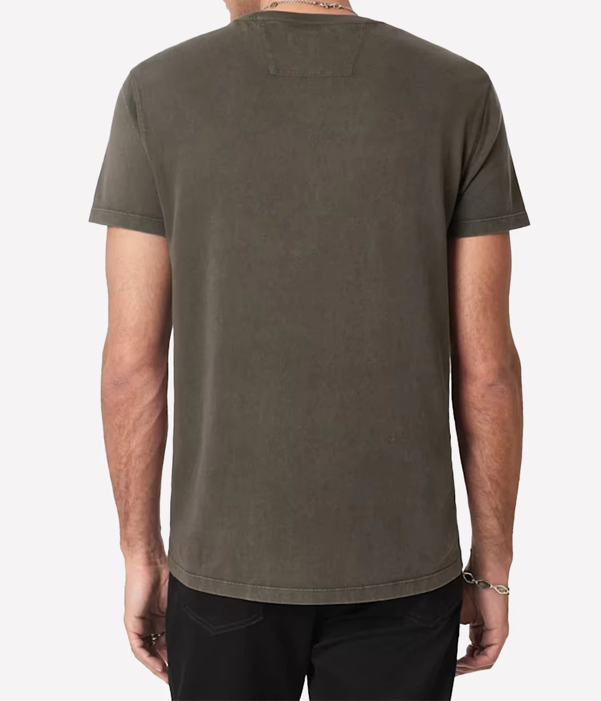 Man wearing John Varvatos Sword Piping Embroidered Tee in Teakwood, back view