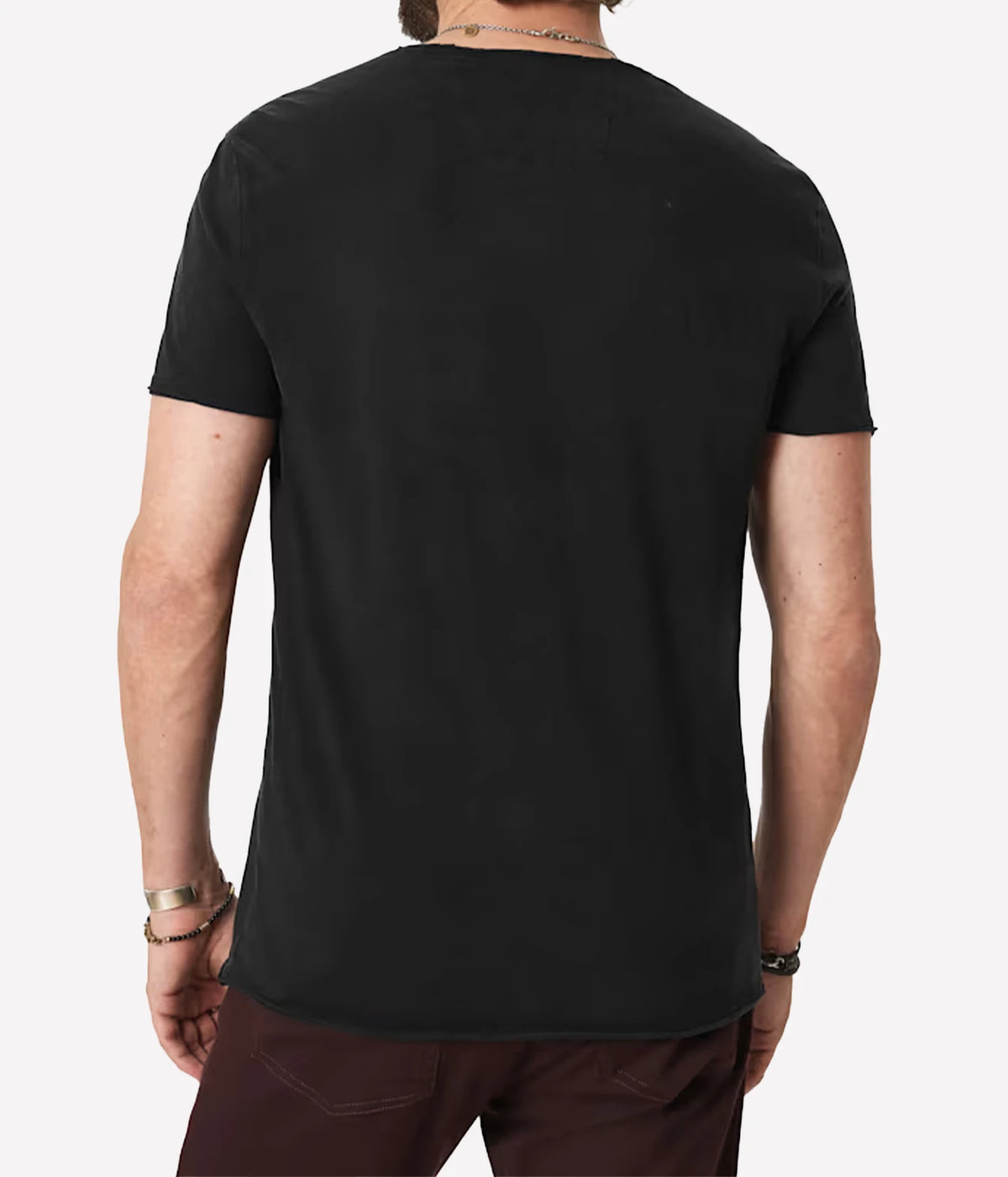 Man wearing John Varvatos The Rolling Stones NYC Raw Edge Tee in Black, back view