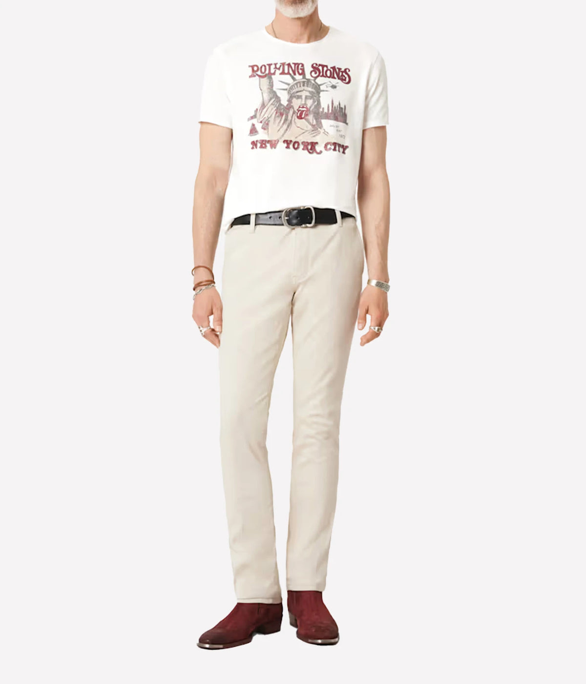 Man wearing John Varvatos The Rolling Stones NYC Raw Edge Tee in Salt with stone trousers, full-length front view