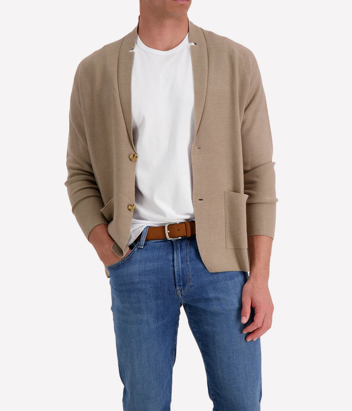 Lardini Knitted Blazer in camel, featuring a tailored fit and luxurious wool, silk, and cashmere blend for a sophisticated look.