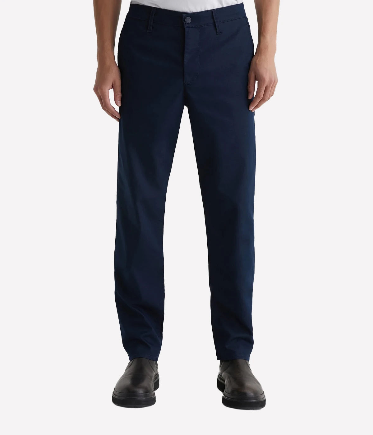 Men’s dark blue performance trousers with slim fit, on-seam front pockets, and welt back pockets.