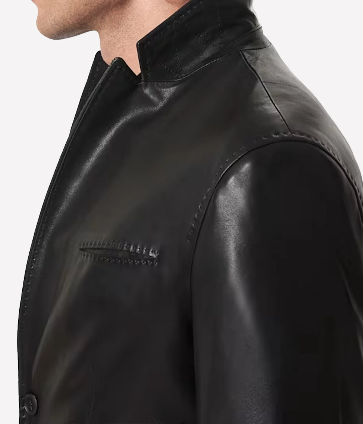 Close-up of John Varvatos Arundel Jacket in Black on model, side angle showing the lapel and chest pocket