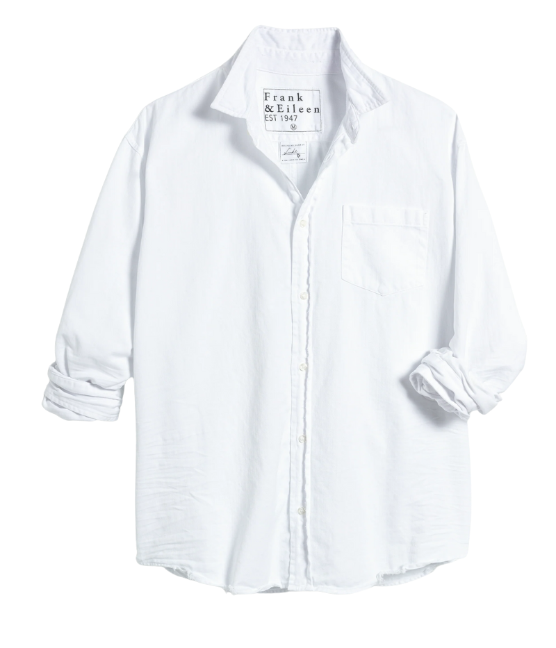 Frank + Eileen Luke Woven Button-Up in white colour denim, featuring a classic button-up design, lightweight breathable cotton fabric, and a versatile fit for both casual and smart looks.