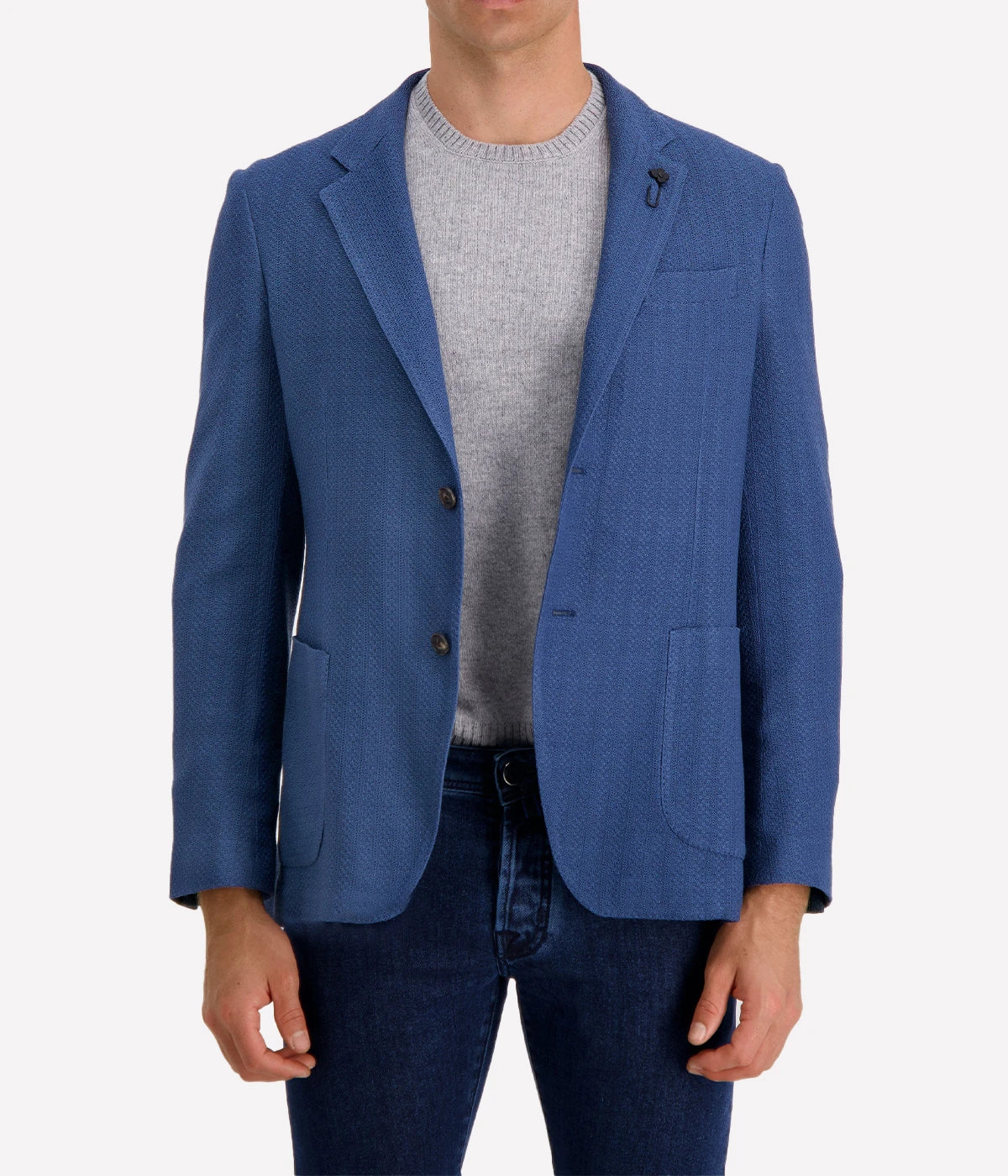 Lardini Knitted Blazer in a linen and silk blend, featuring a deconstructed silhouette with notched lapels and patch pockets, showcasing Italian craftsmanship.