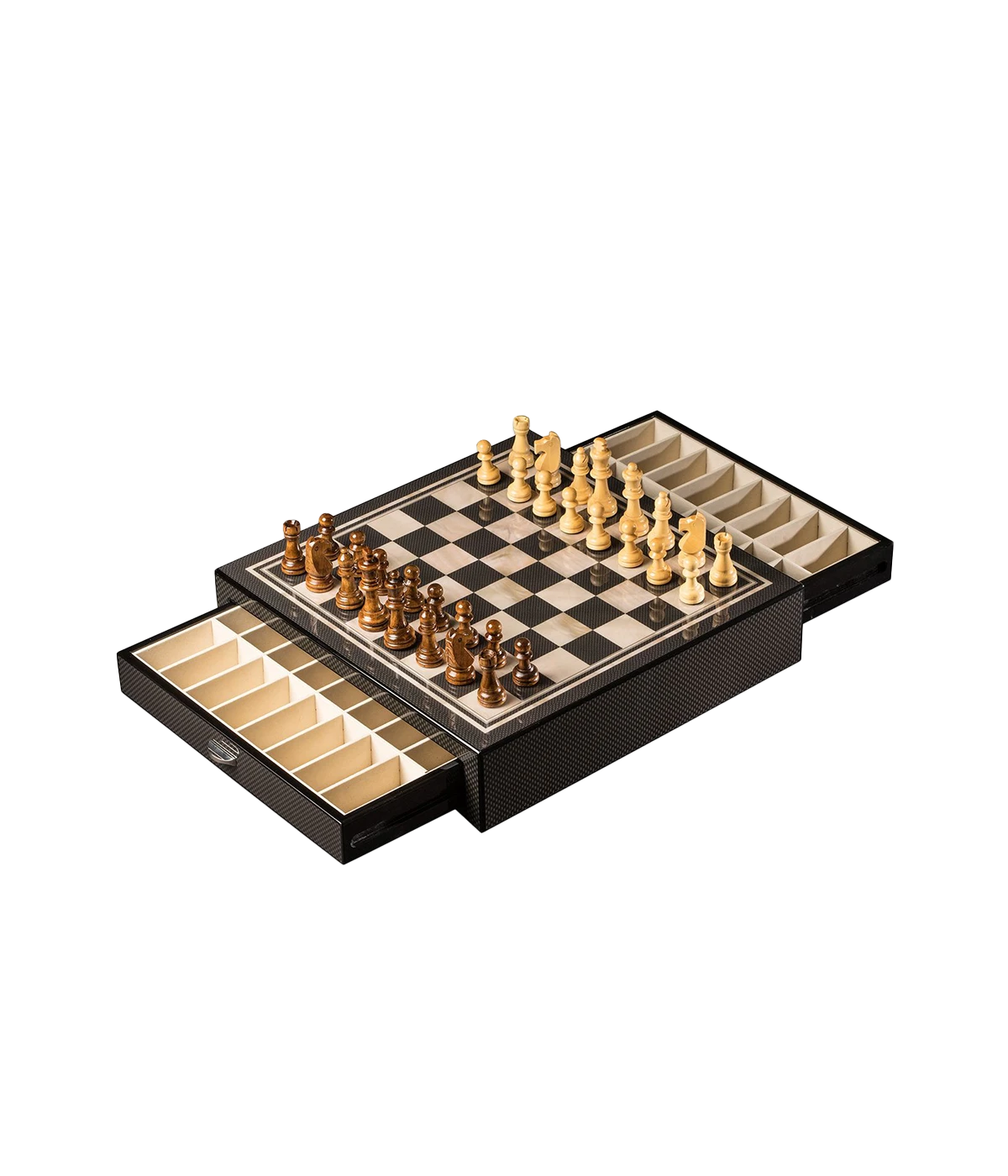 Large Chess Set in Carbon Fiber and Mother of Pearl
