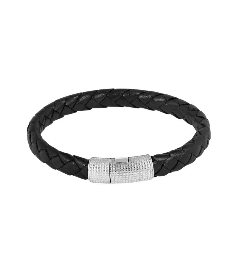 D-shaped cobra clasp bracelet with 3D Giza pattern, sterling silver with rhodium plating, and black braided leather. Available in medium, and large.